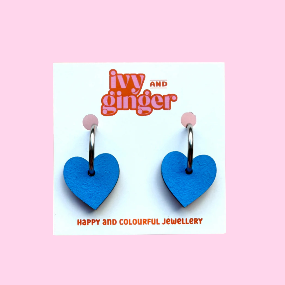 Blue heart shaped hoop earrings