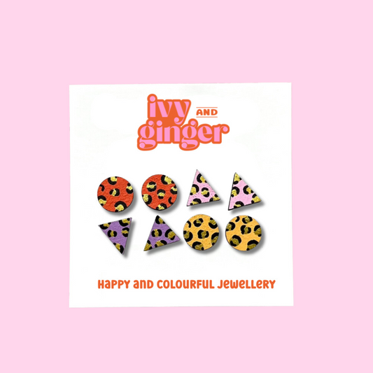 Bright mini leopard print stud earrings set