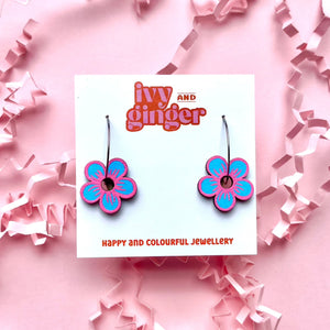 Bright pink and blue flower hoop earrings