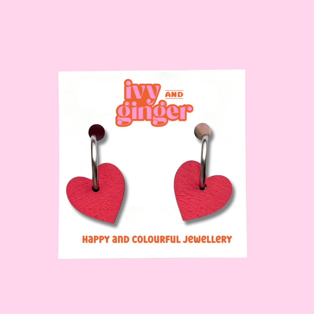 Bright red small heart hoop earrings