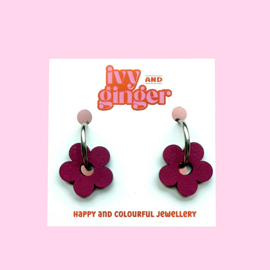 Burgundy flower hoop earrings