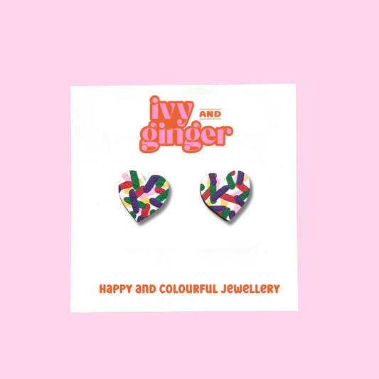 Confetti print midi heart stud earrings