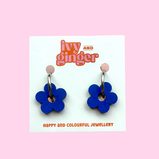 Dark blue flower hoop earrings