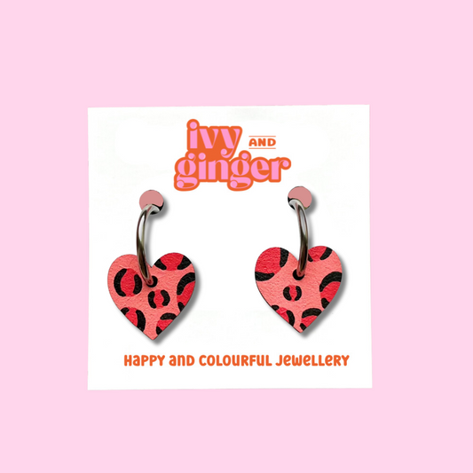 Deep pink and red leopard print small heart hoop earrings