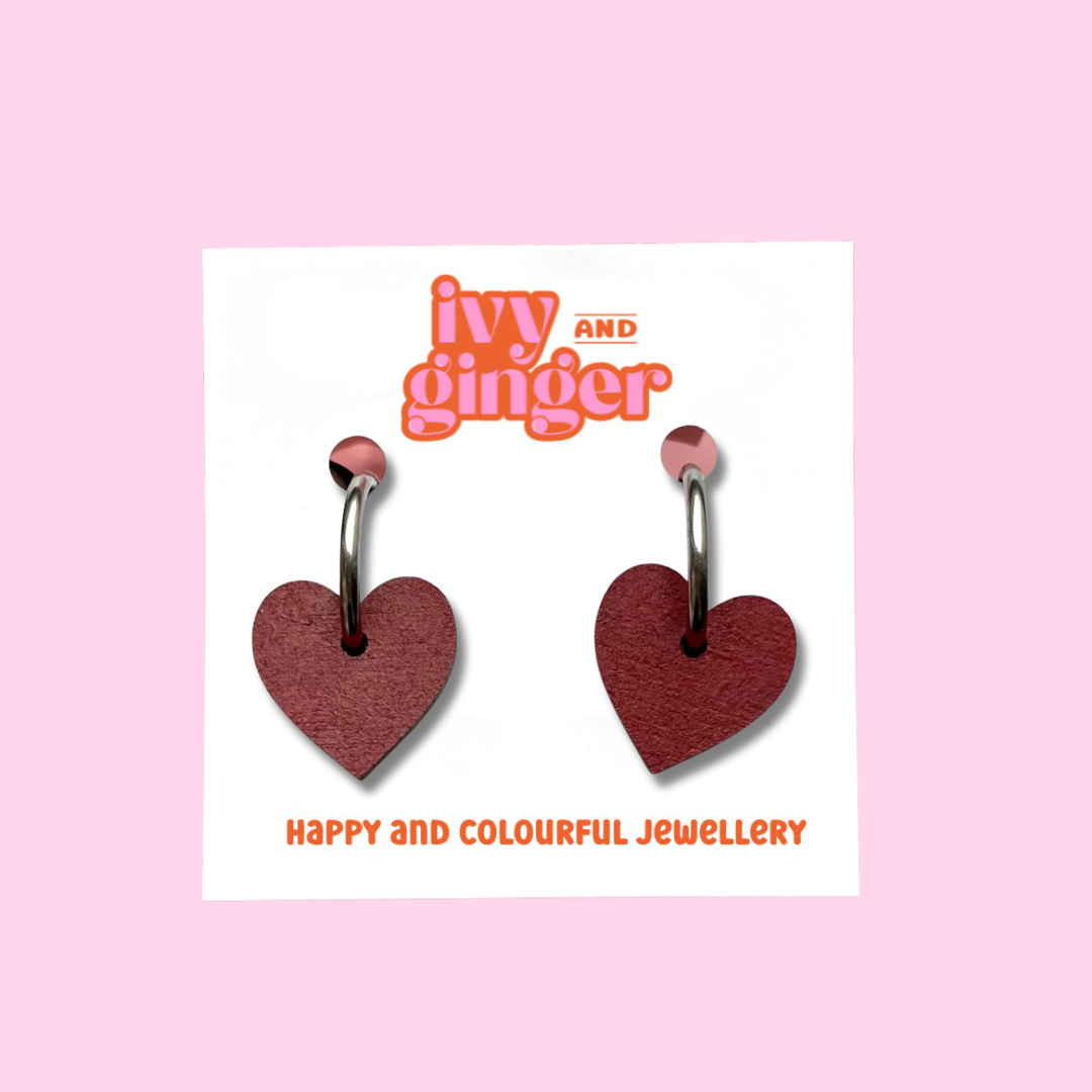 Deep red small heart hoop earrings