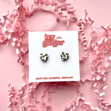 Load image into Gallery viewer, Mini white and gold heart leopard print stud earrings
