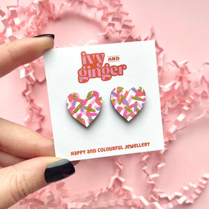 Pink confetti large heart stud earrings