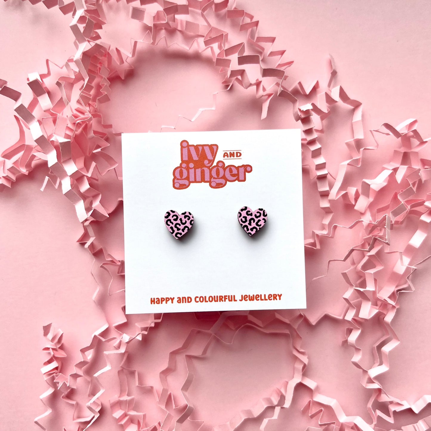 Mini pink and black leopard print heart stud earrings