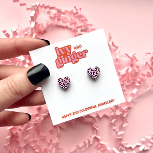 Mini pink and black leopard print heart stud earrings
