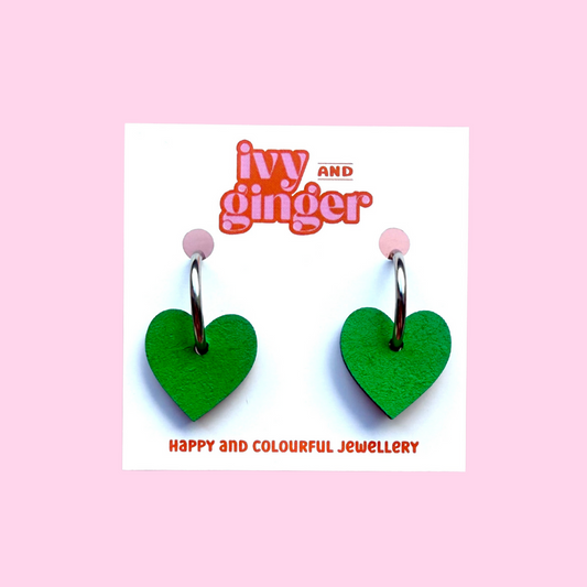 Green heart shaped hoop earrings