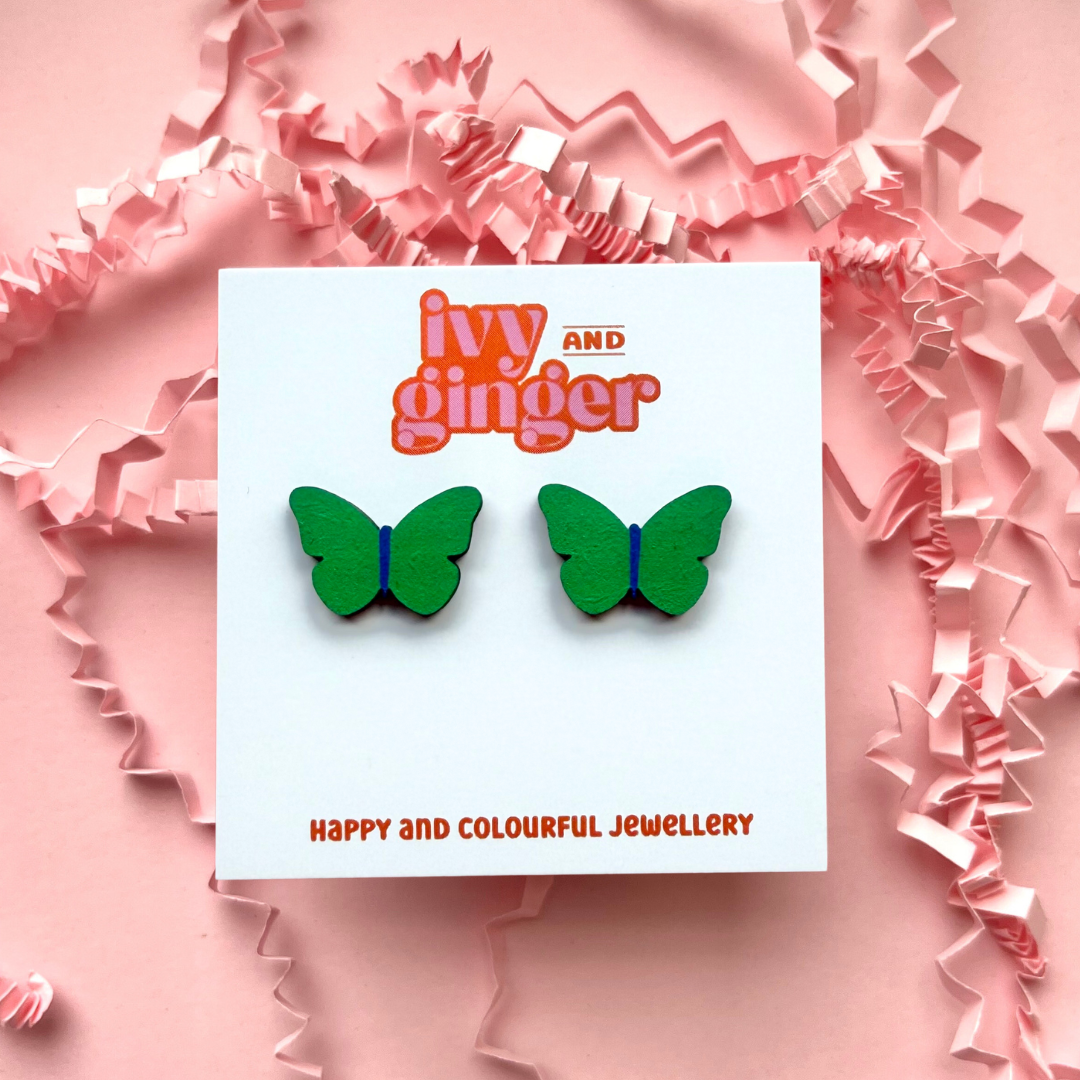 Large green and blue butterfly stud earrings