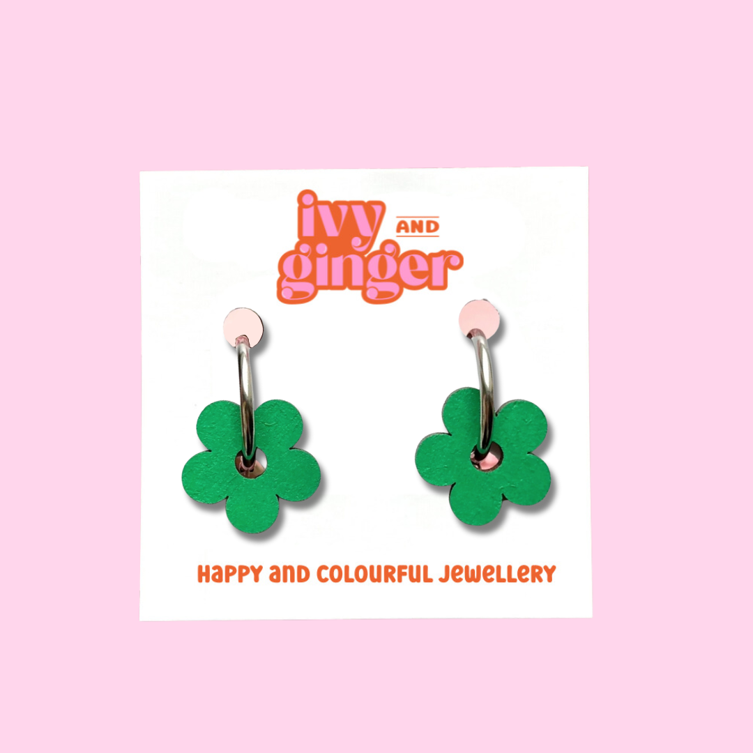 Green flower hoop earrings