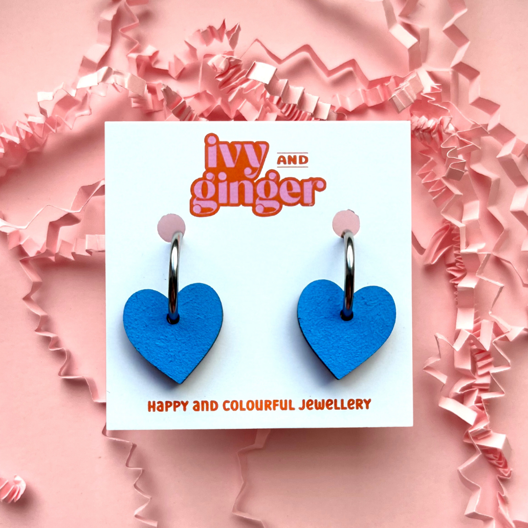 Blue heart shaped hoop earrings