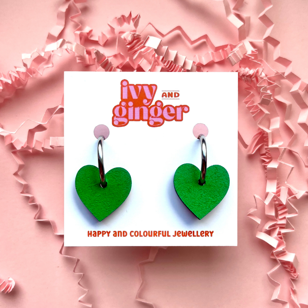 Green heart shaped hoop earrings