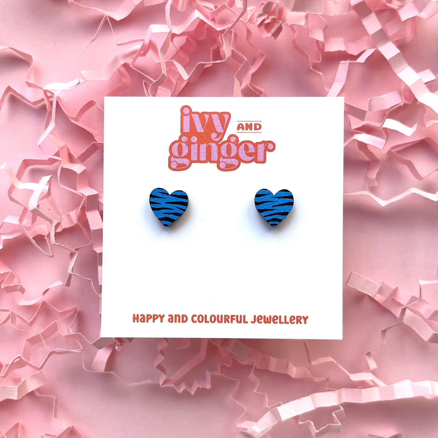 Mini blue and black zebra print heart stud earrings