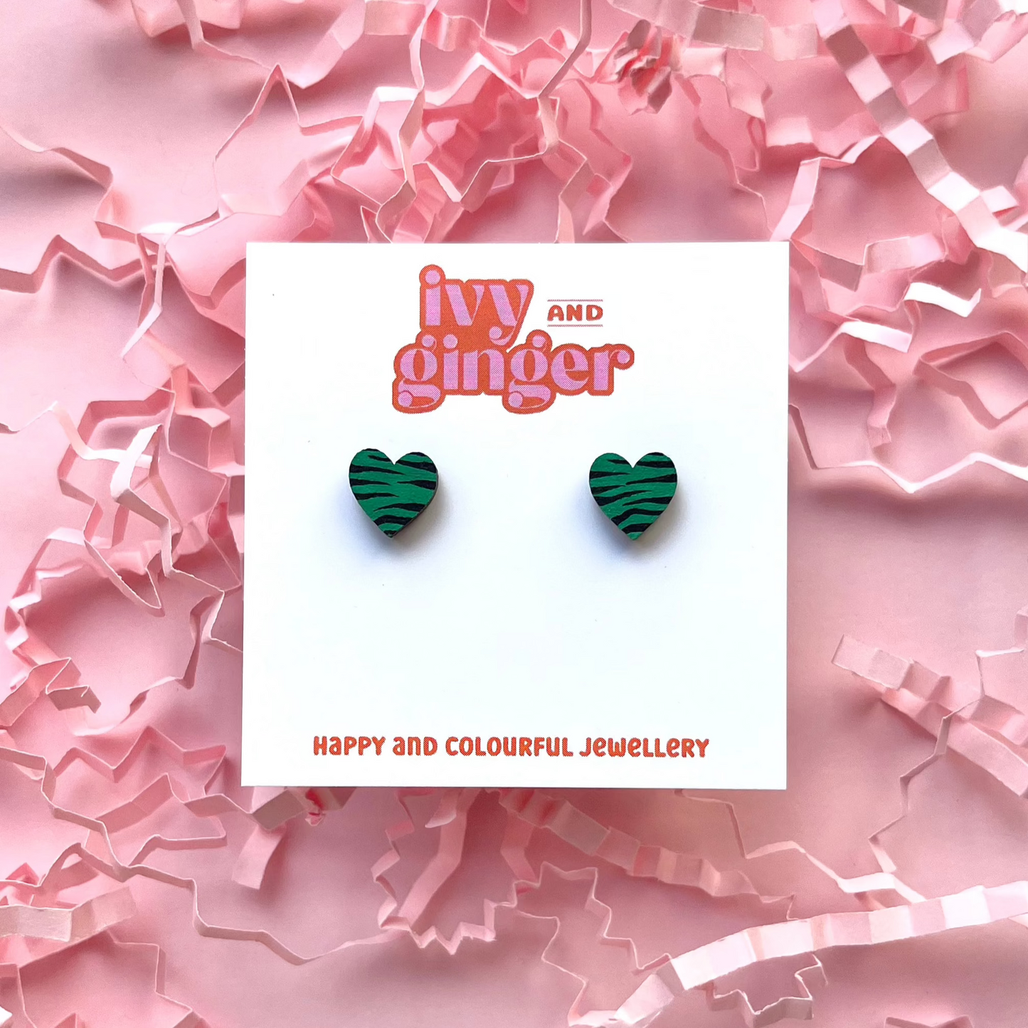 Mini green and black zebra print heart stud earrings