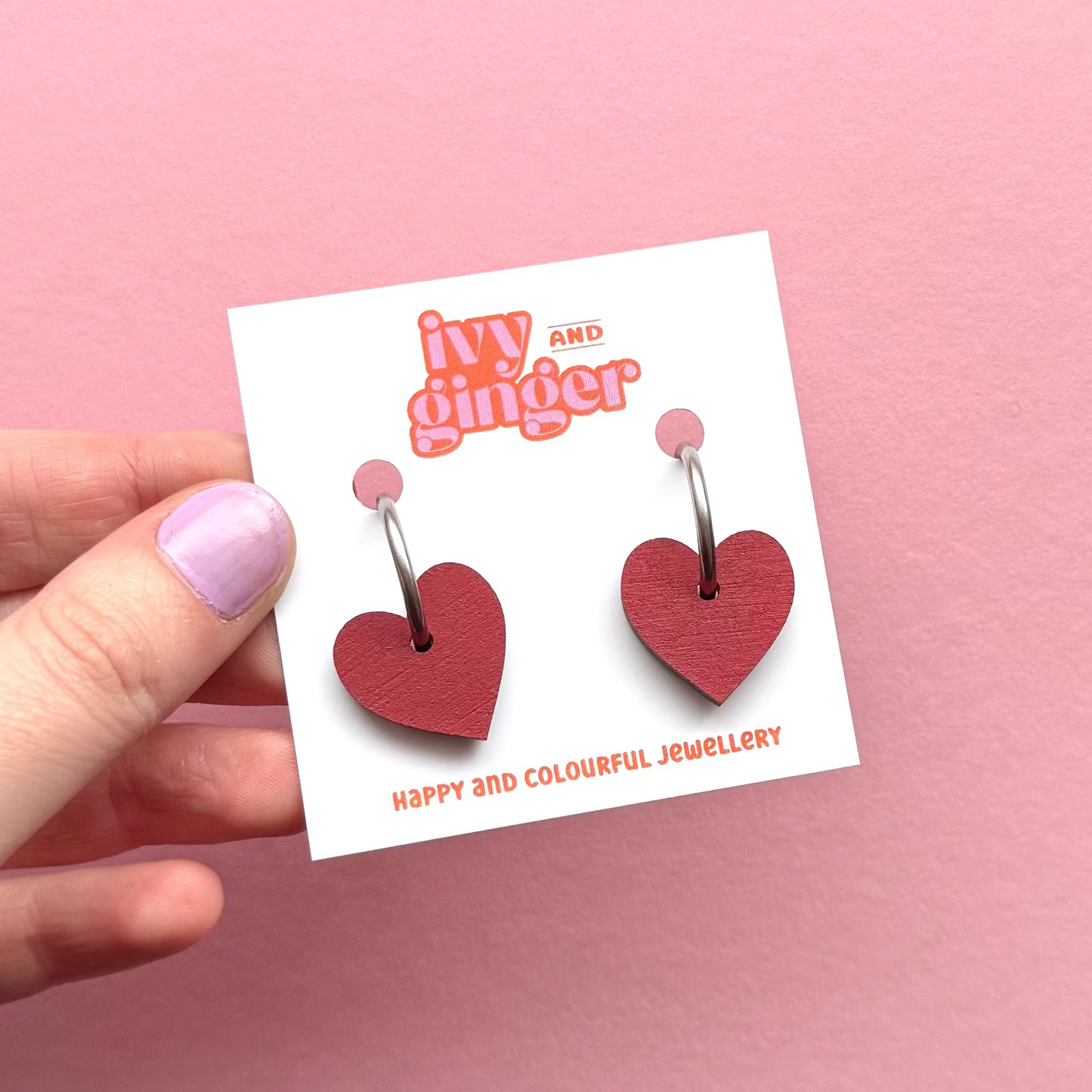 Deep red small heart hoop earrings