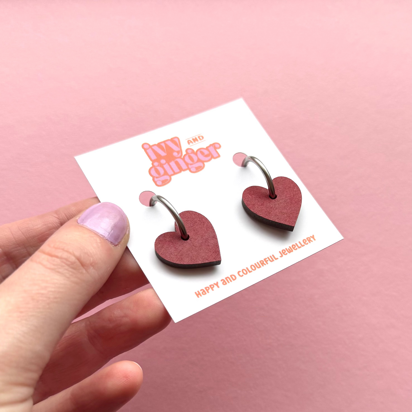 Deep red small heart hoop earrings