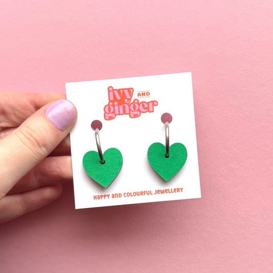 Green heart shaped hoop earrings