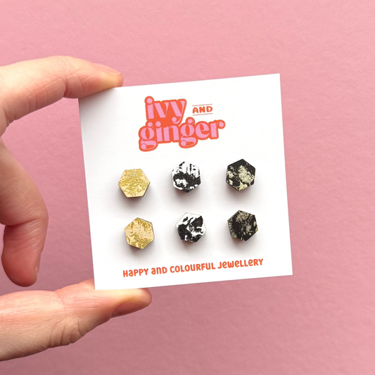 Three piece textured hexagon mini stud earrings set