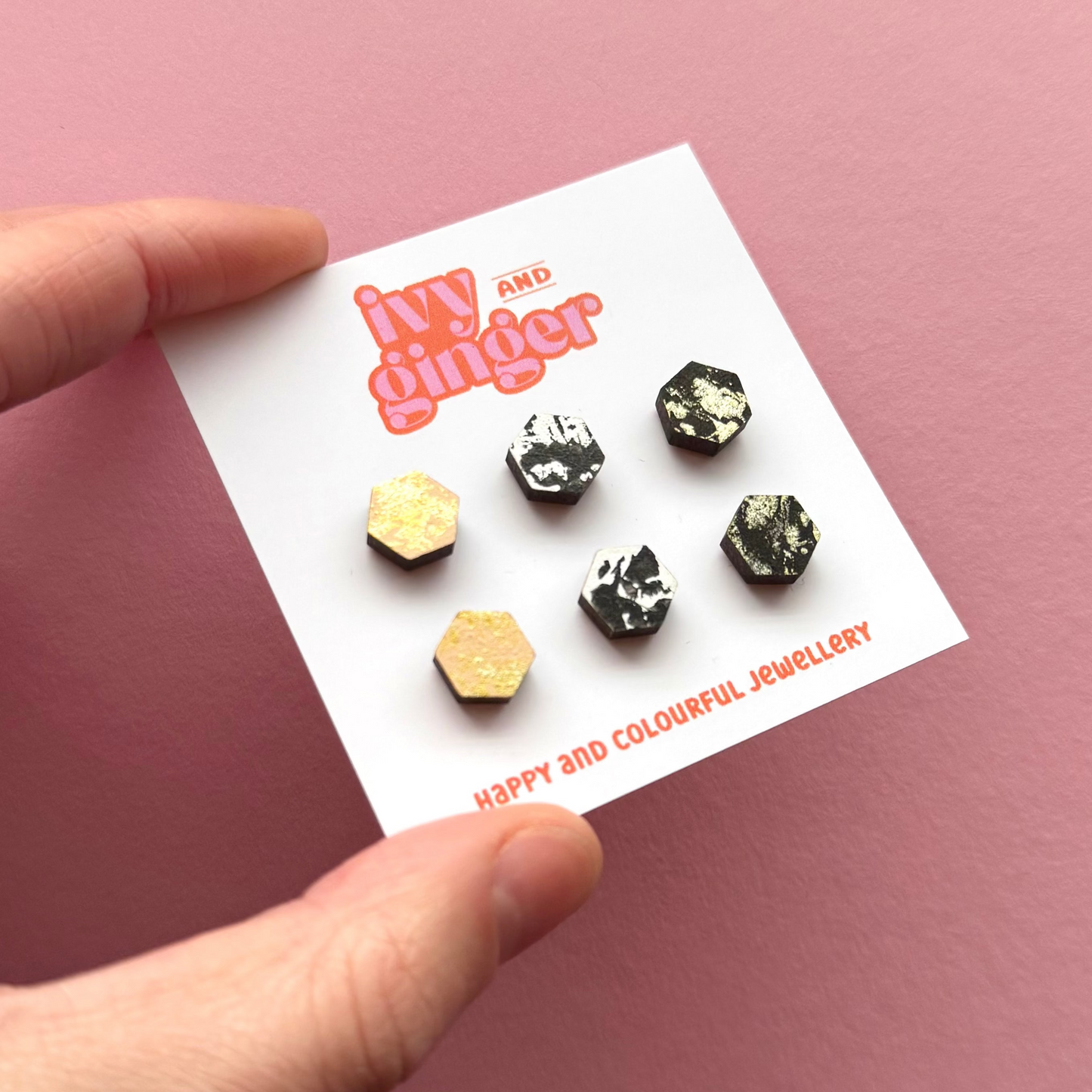 Three piece textured hexagon mini stud earrings set