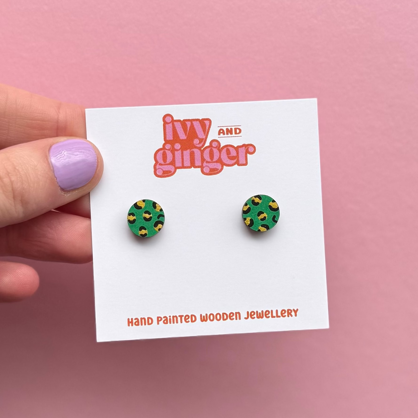 Green and gold leopard print circle stud earrings