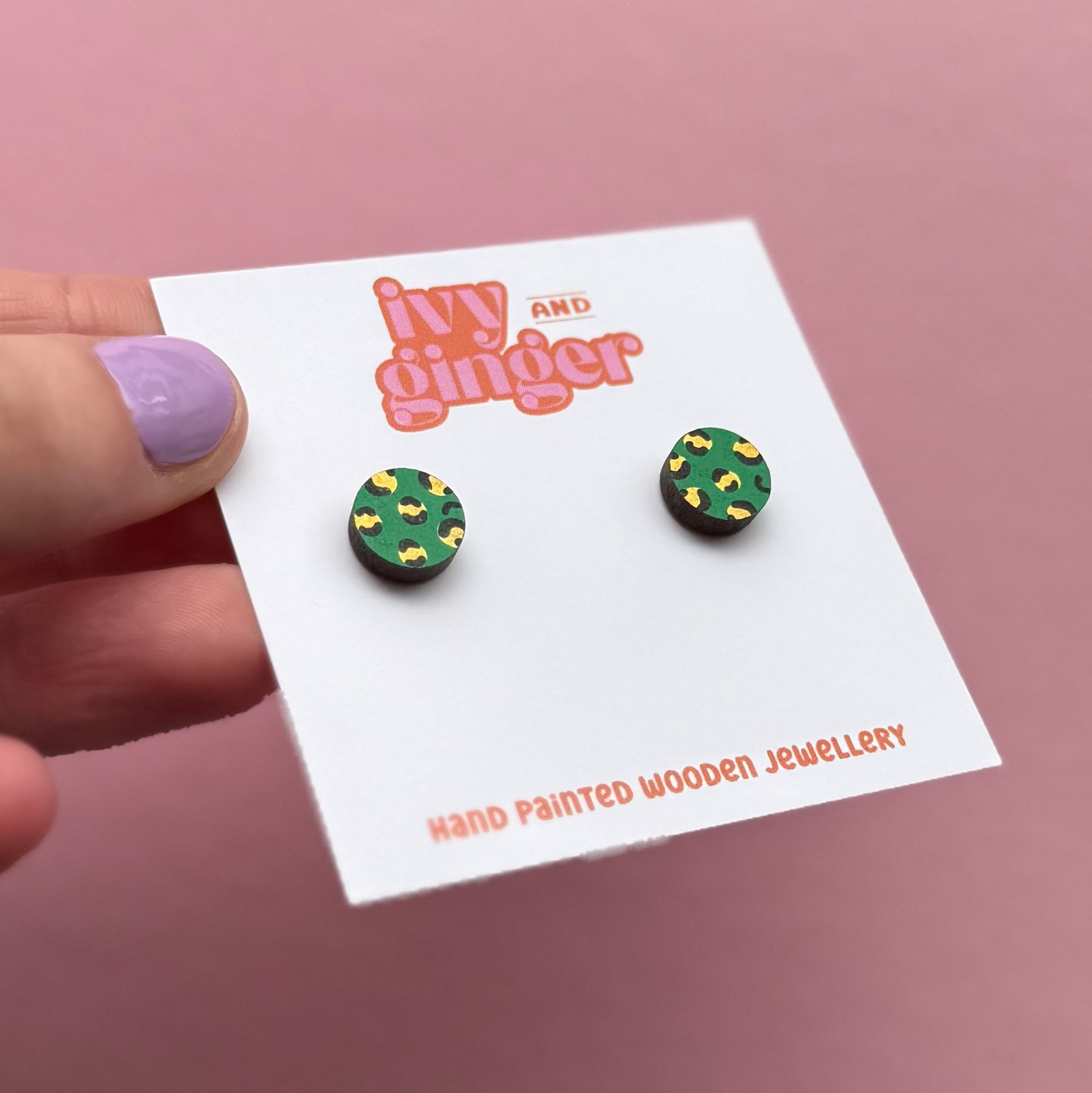 Green and gold leopard print circle stud earrings