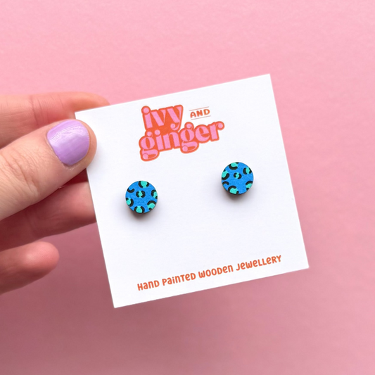 Blue and teal leopard print circle stud earrings