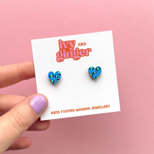 Blue and teal leopard print heart stud earrings