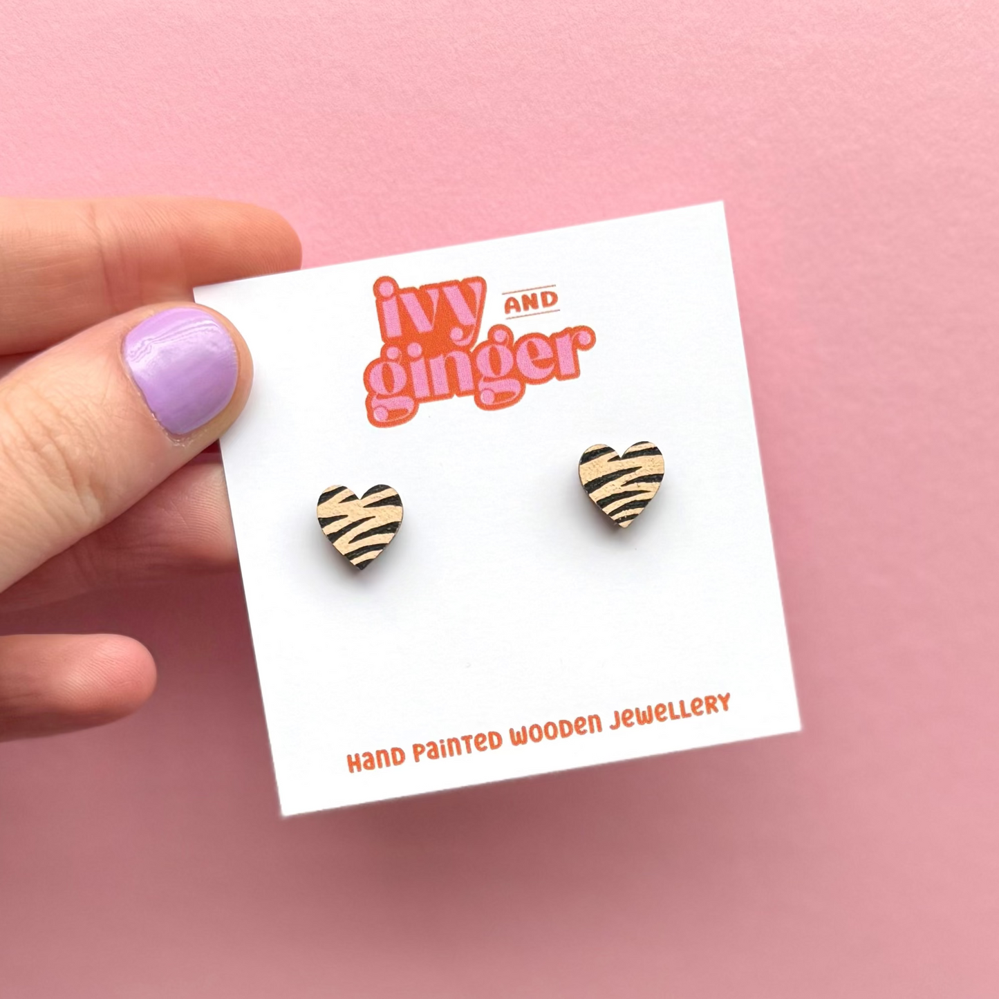 Mini cream and black zebra print heart stud earrings