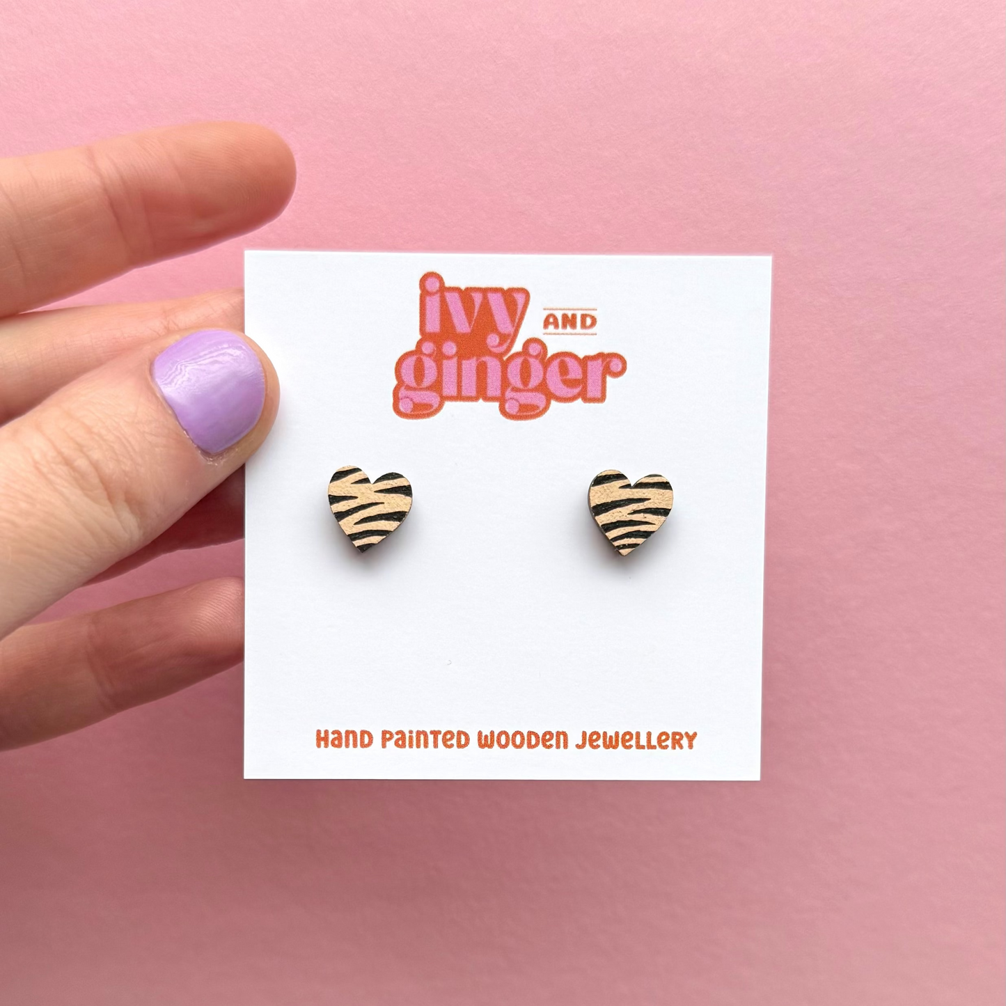 Mini cream and black zebra print heart stud earrings