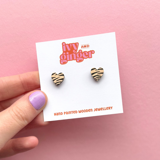 Mini cream and black zebra print heart stud earrings