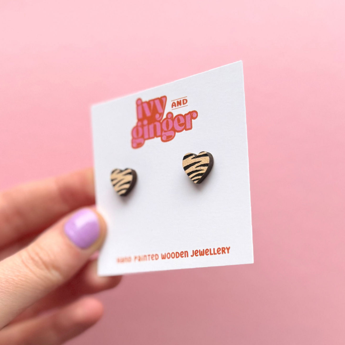 Mini cream and black zebra print heart stud earrings