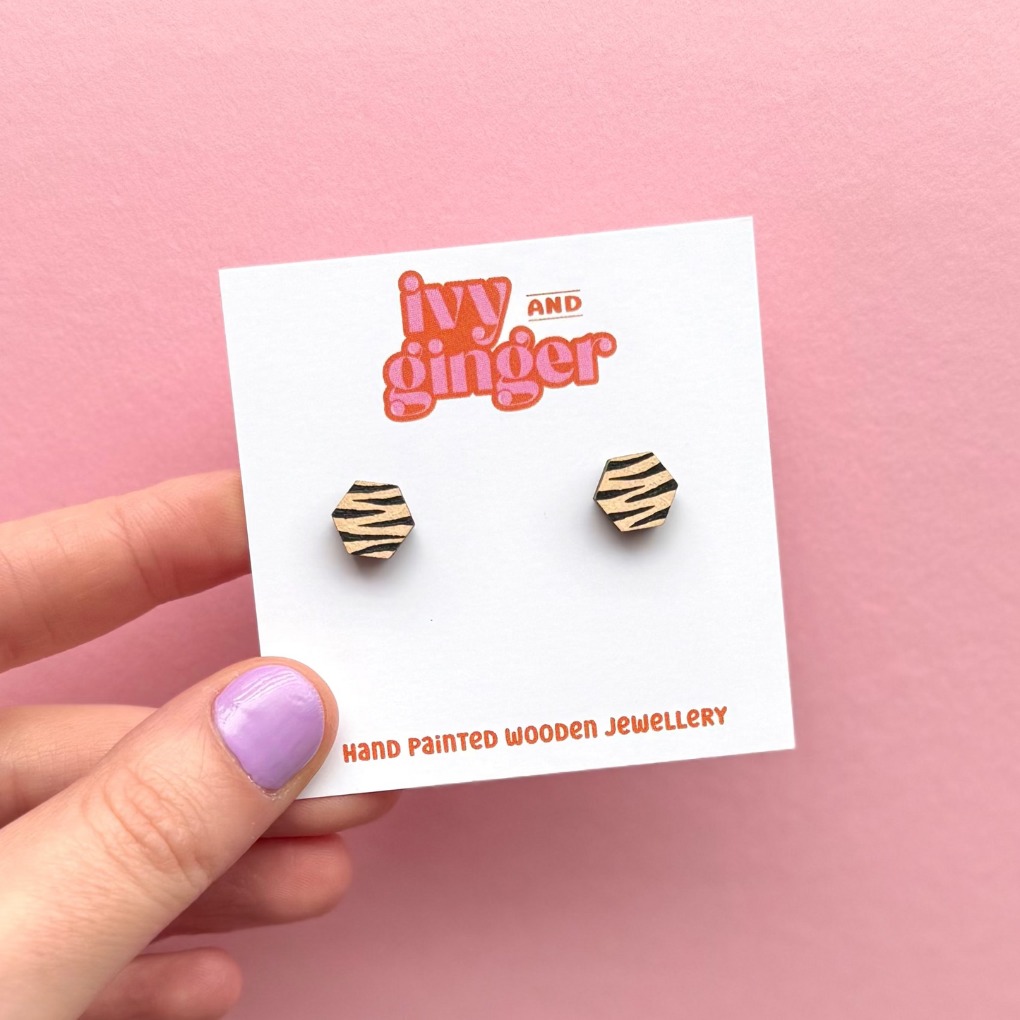 Mini cream and black zebra print hexagon stud earrings