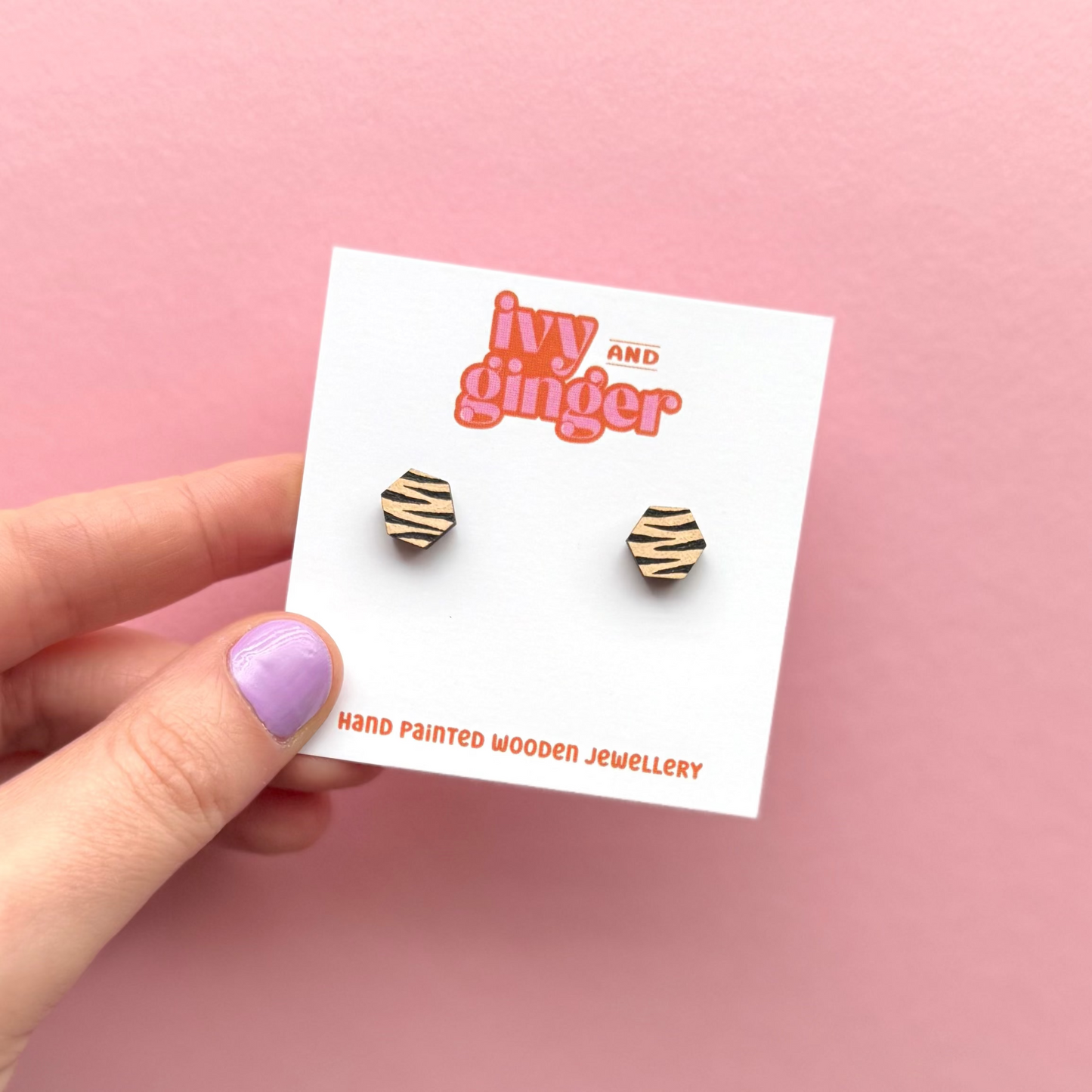 Mini cream and black zebra print hexagon stud earrings