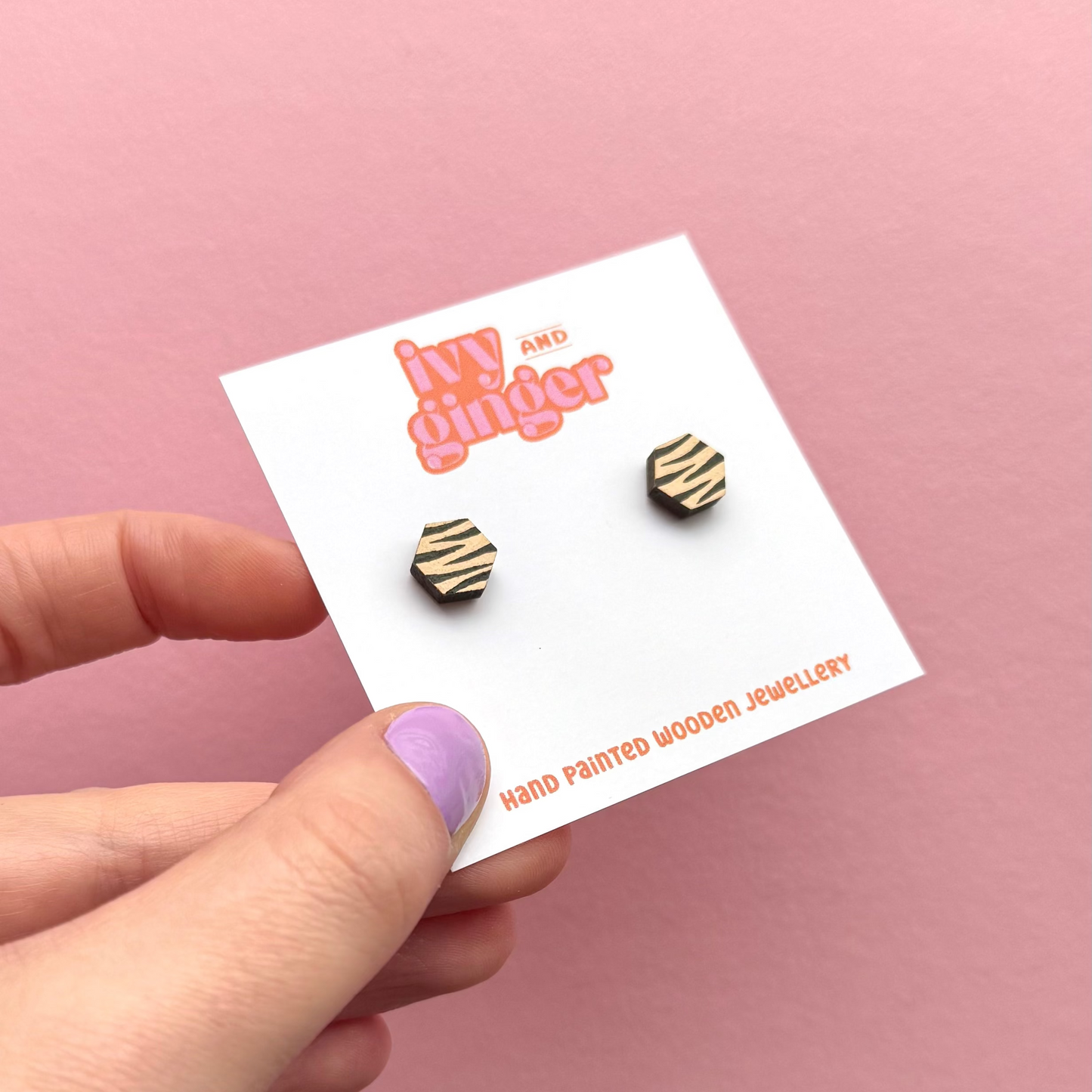 Mini cream and black zebra print hexagon stud earrings