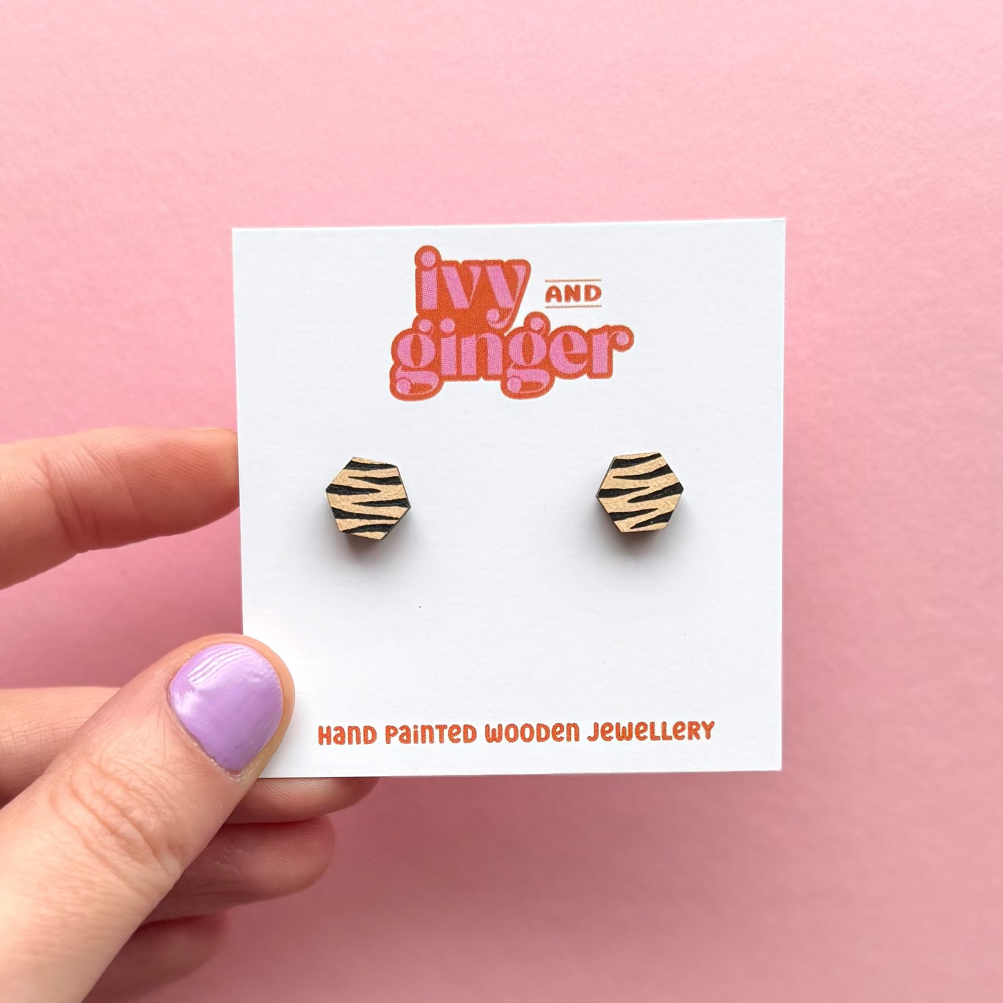 Mini cream and black zebra print hexagon stud earrings