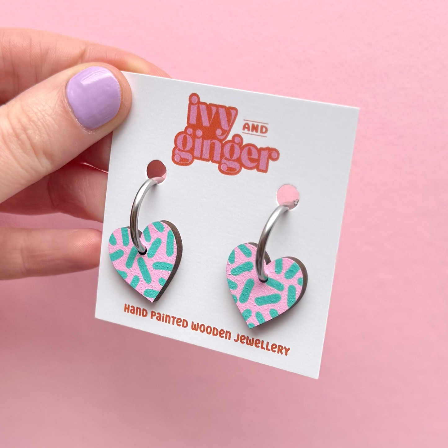 Pink and teal dash print small heart hoop