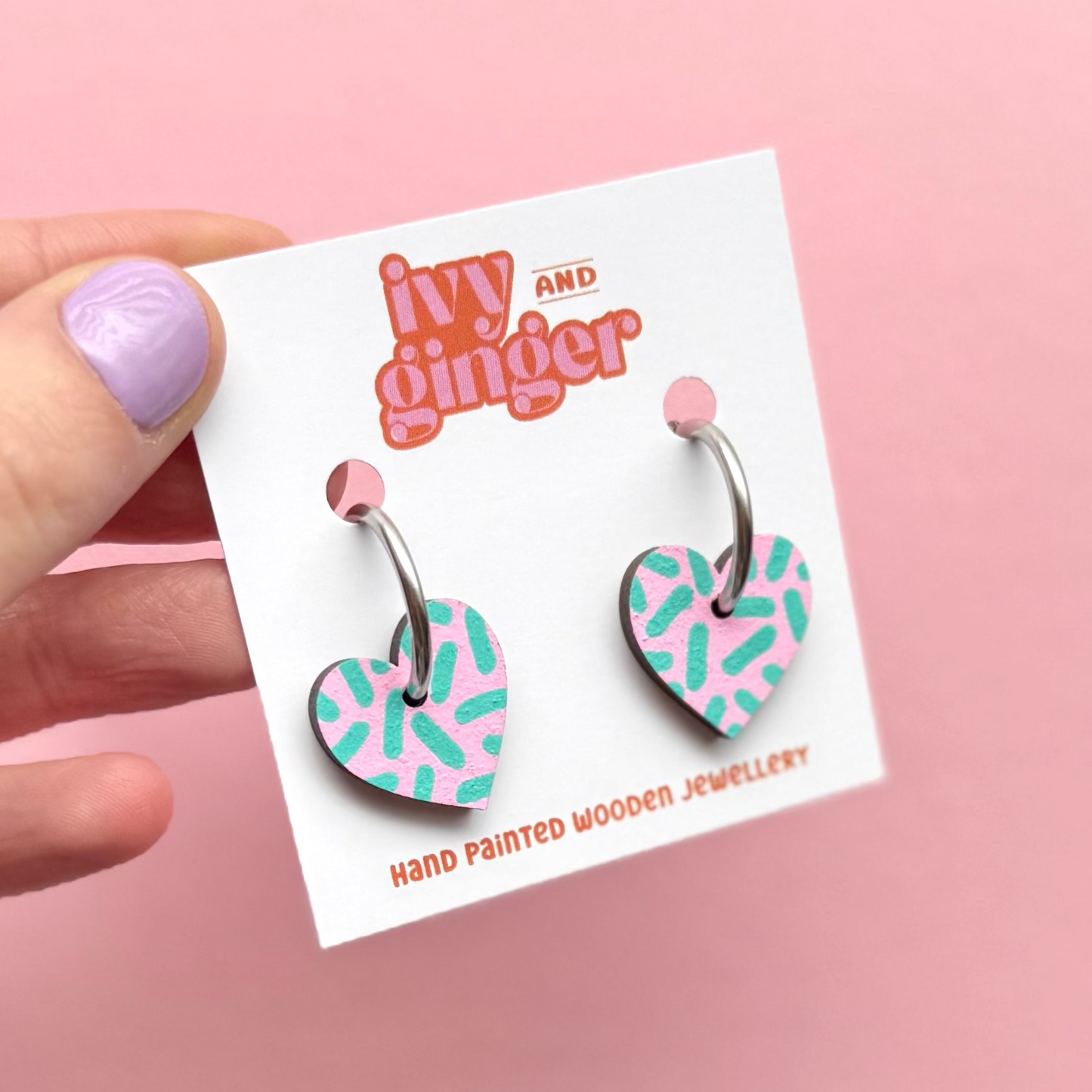 Pink and teal dash print small heart hoop