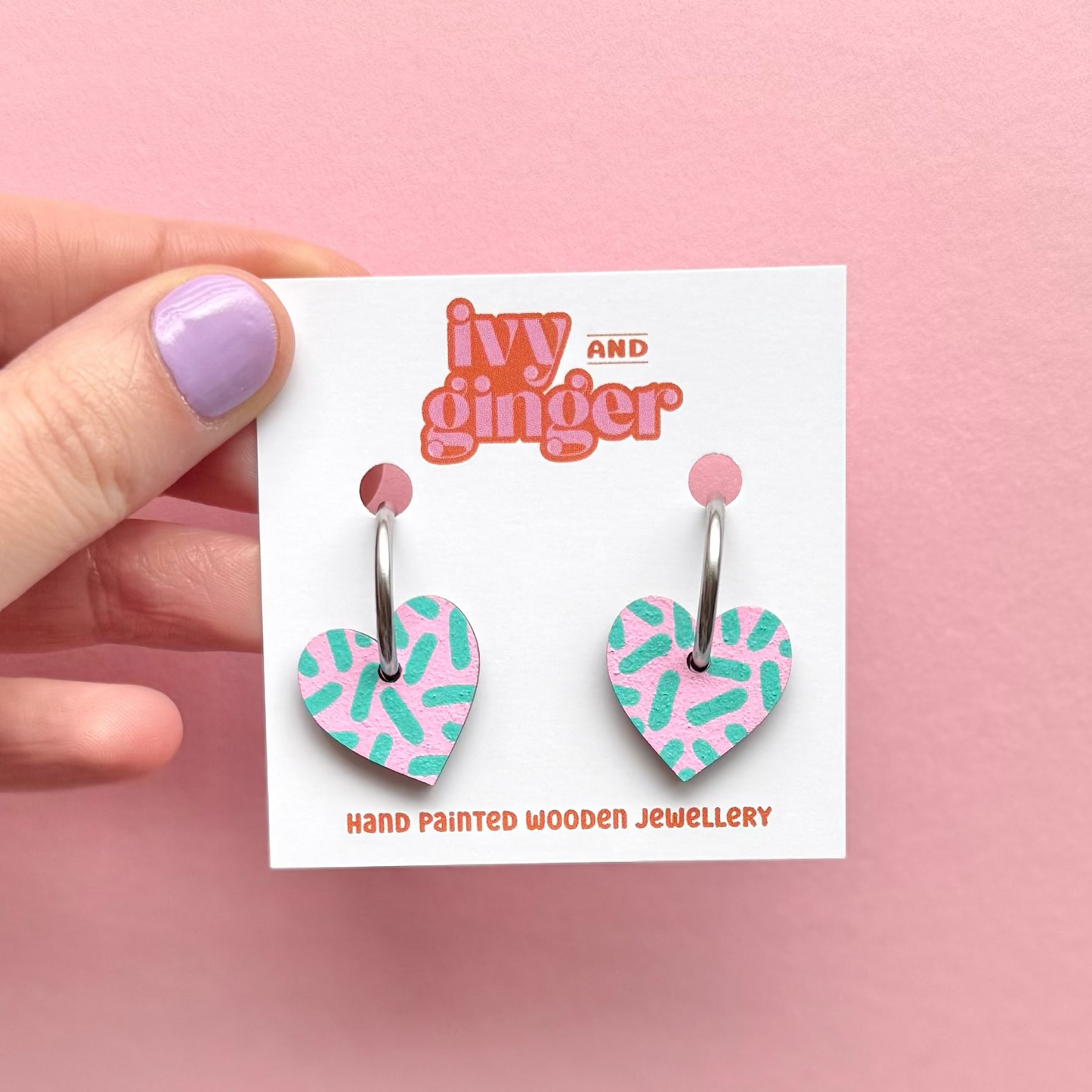Pink and teal dash print small heart hoop