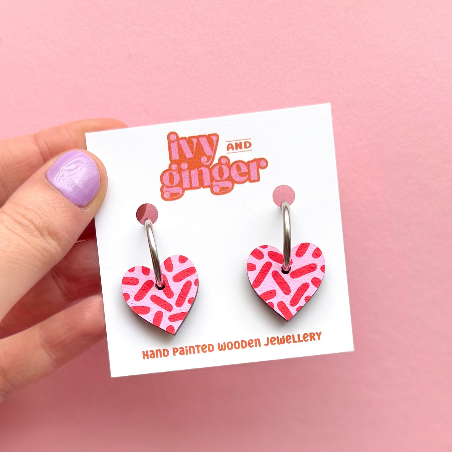 Pink and red dash print small heart hoop