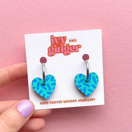 Teal and sky blue dash print small heart hoop
