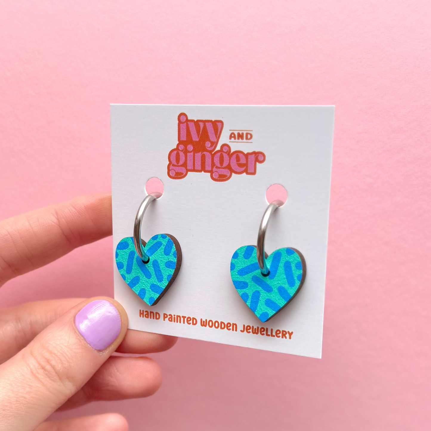 Teal and sky blue dash print small heart hoop