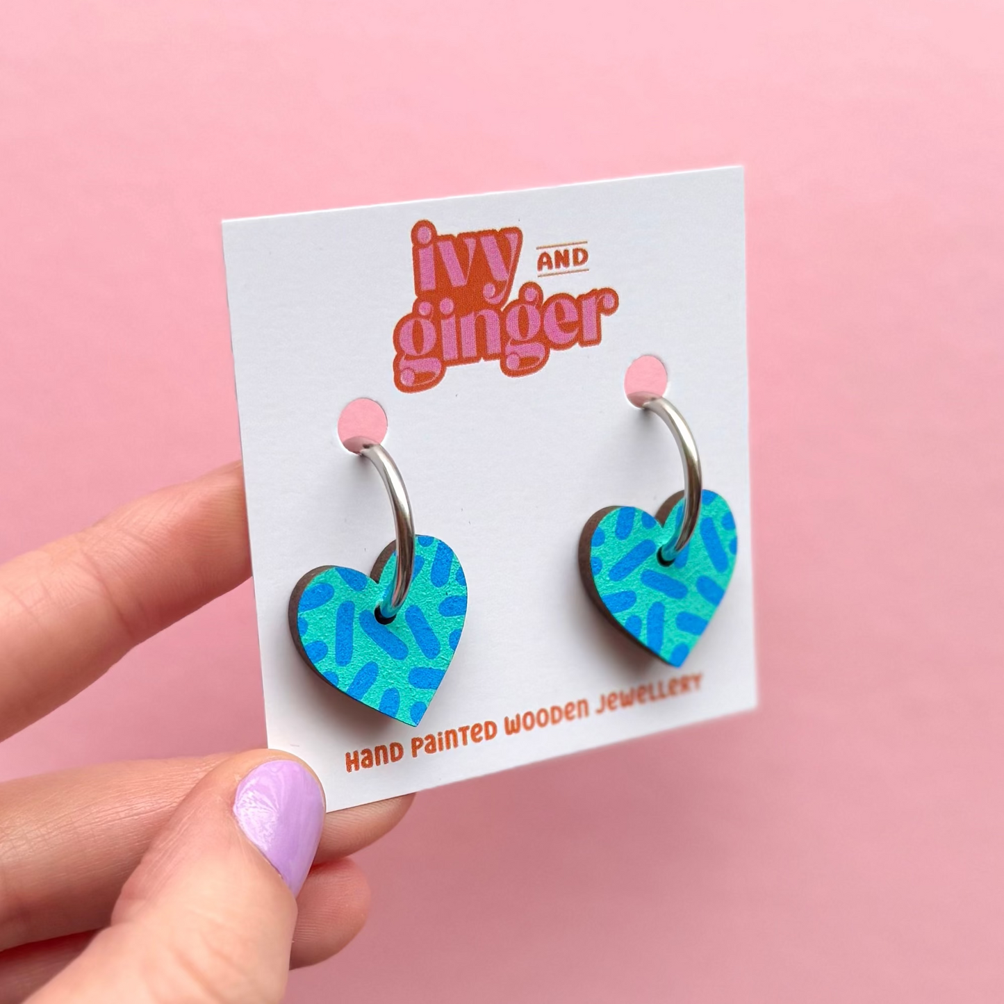 Teal and sky blue dash print small heart hoop