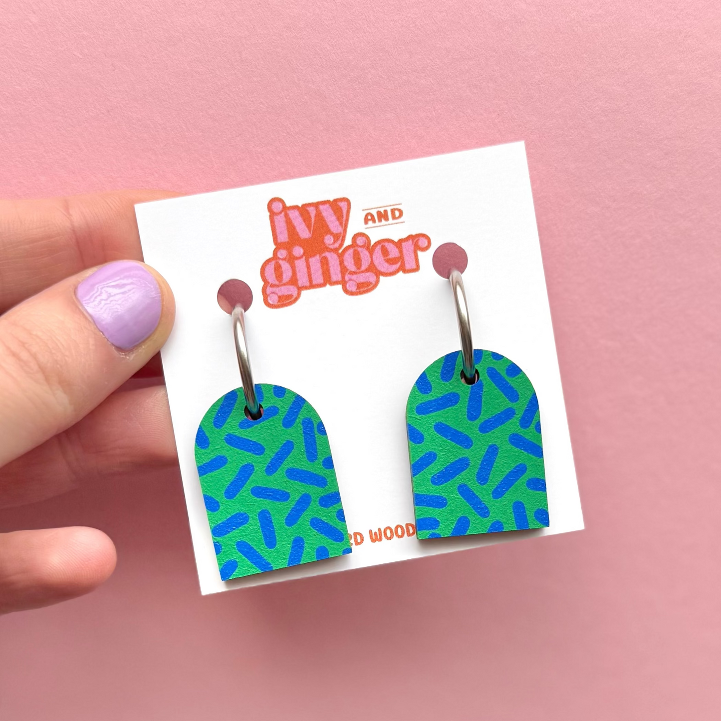Green and blue dash print arch dangle hoop earrings