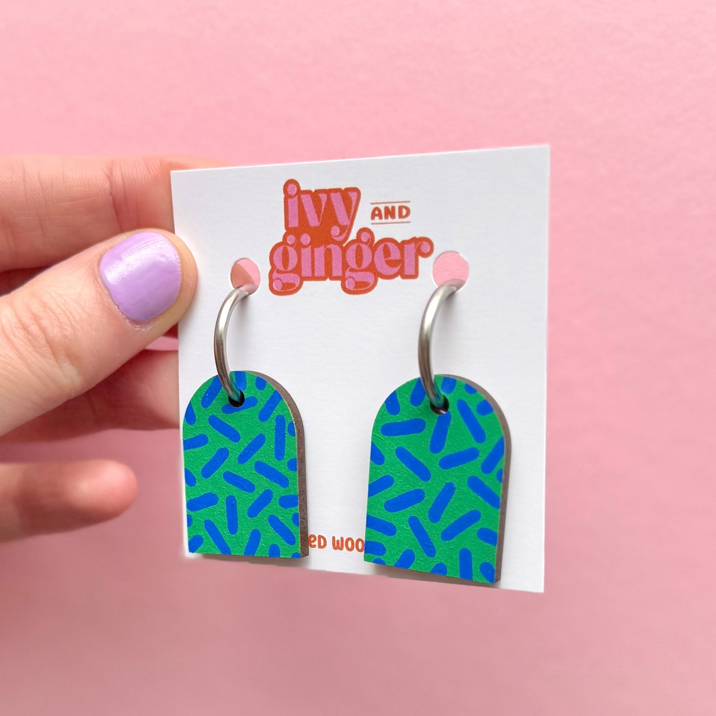 Green and blue dash print arch dangle hoop earrings