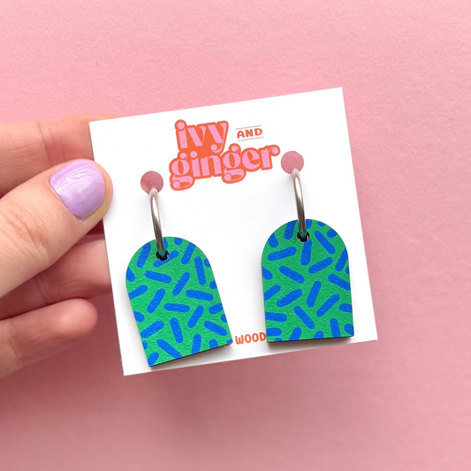 Green and blue dash print arch dangle hoop earrings