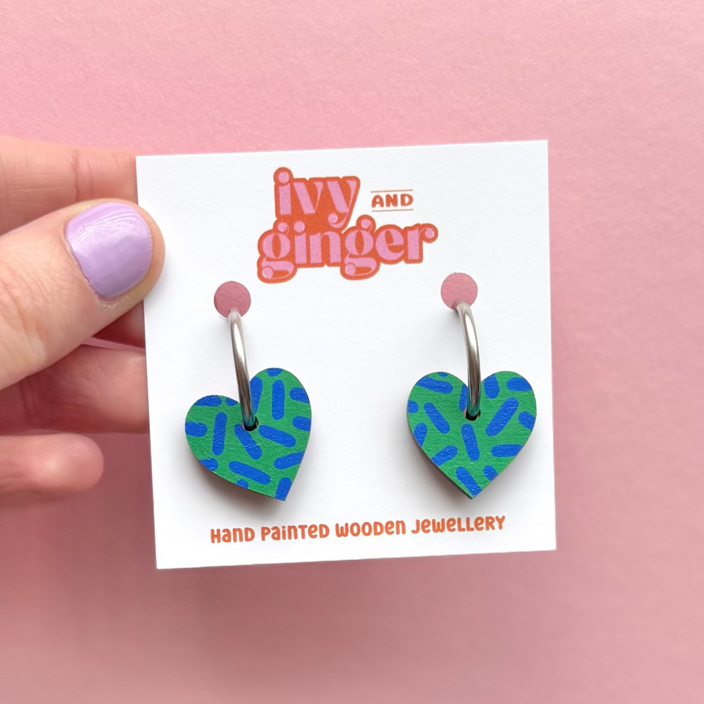 Green and blue dash print small heart hoop