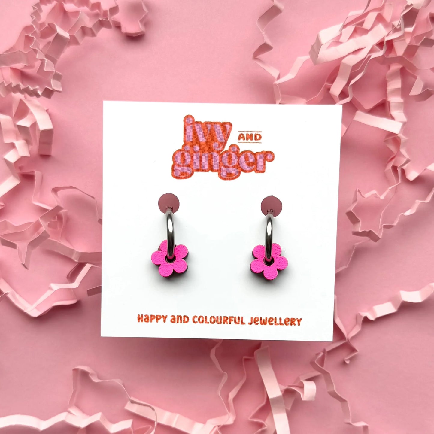 Mini statement neon pink flower hoop earrings