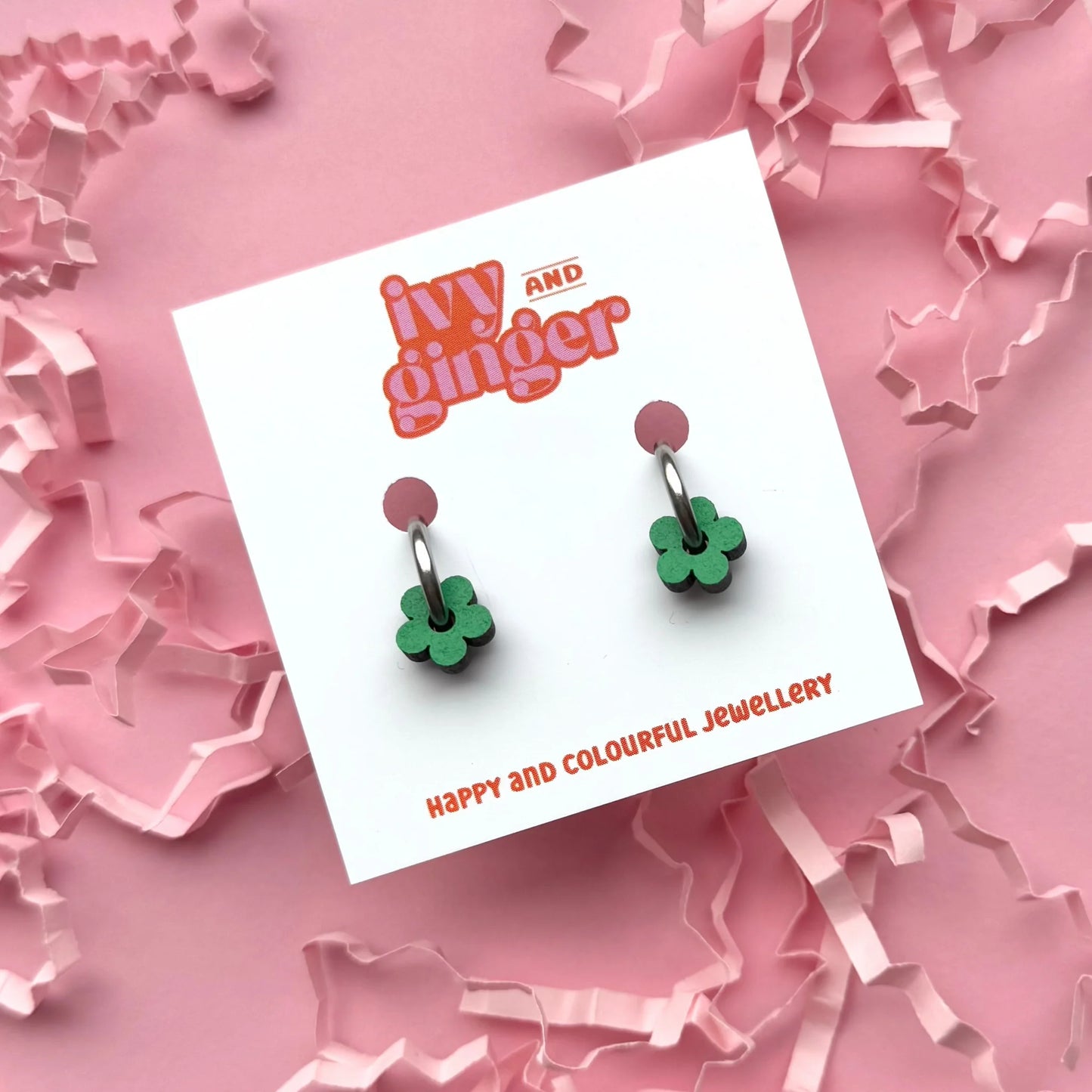 Mini statement green flower hoop earrings